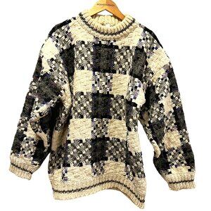 Vintage 90's Wool Chunky Pullover Plaid Sweater, Hand Knit, Cream Gray, XL